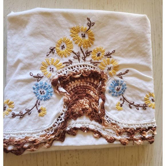 Boho Vintage Handmade Sewn Embroidered Crochet Standard/QN Pillowcases - Picture 2 of 6